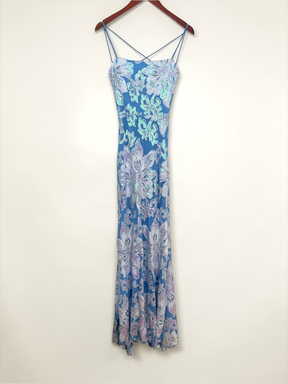 B Darlin Y2K Iridescent Sequin Mermaid Gown Strappy Back Blue Prom Dress XS